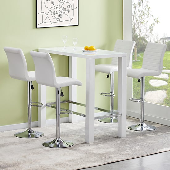 Photo of Jam rectangular glass white bar table 4 ripple white stools