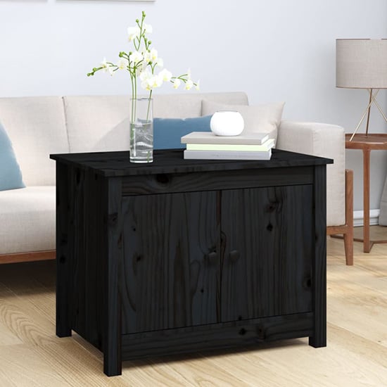 Product photograph of Janie Pine Wood Coffee Table With 2 Doors In Black from Furniture in Fashion