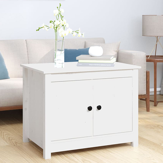 Product photograph of Janie Pine Wood Coffee Table With 2 Doors In White from Furniture in Fashion