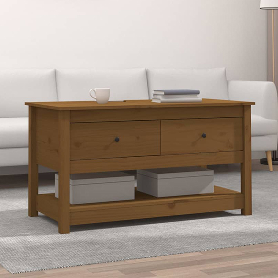 Product photograph of Janie Pine Wood Coffee Table With 2 Drawers In Honey Brown from Furniture in Fashion