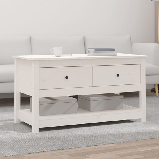 Product photograph of Janie Pine Wood Coffee Table With 2 Drawers In White from Furniture in Fashion