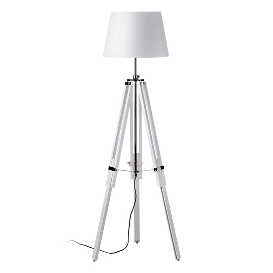 Product photograph of Jaspro White Fabric Shade Floor Lamp With Wooden Tripod Base from Furniture in Fashion