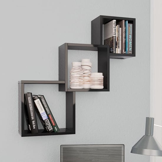 Product photograph of Javana High Gloss Cube Wall Shelf In Black from Furniture in Fashion
