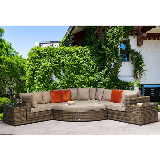 Read more about Jeana corner sofa with poof and end tables in mixed brown
