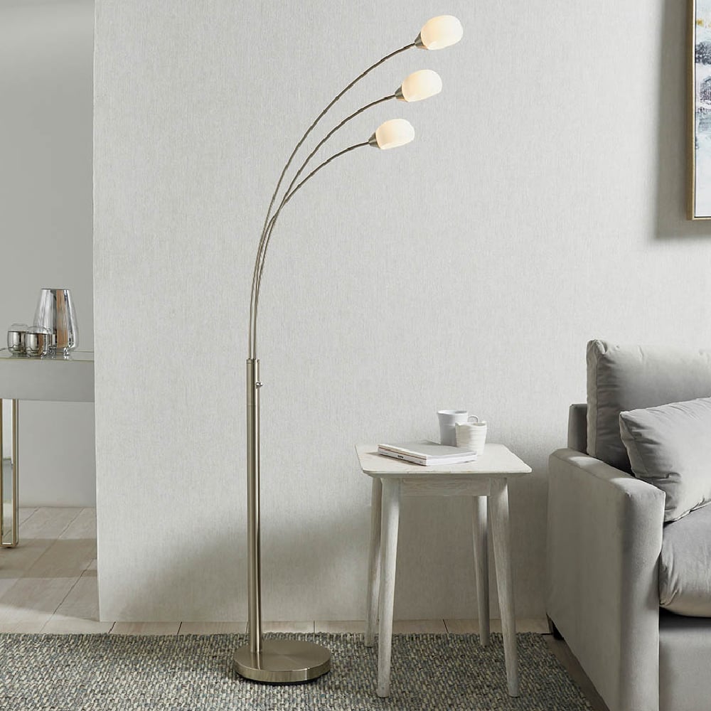 Product photograph of Jeddah 5 Light White Shades Floor Lamp In Satin Nickel from Furniture in Fashion