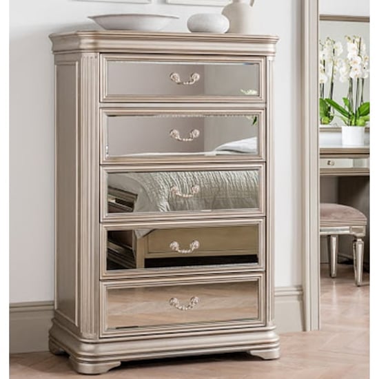 Photo of Jessika mirrored chest of 5 drawers in taupe