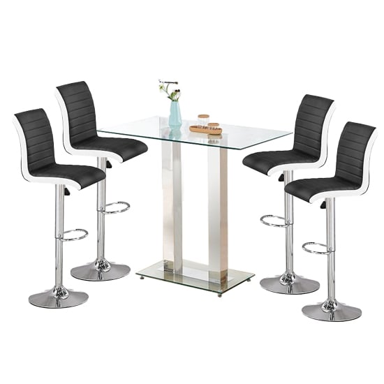 Read more about Jet clear glass top bar table with 4 ritz black white stools