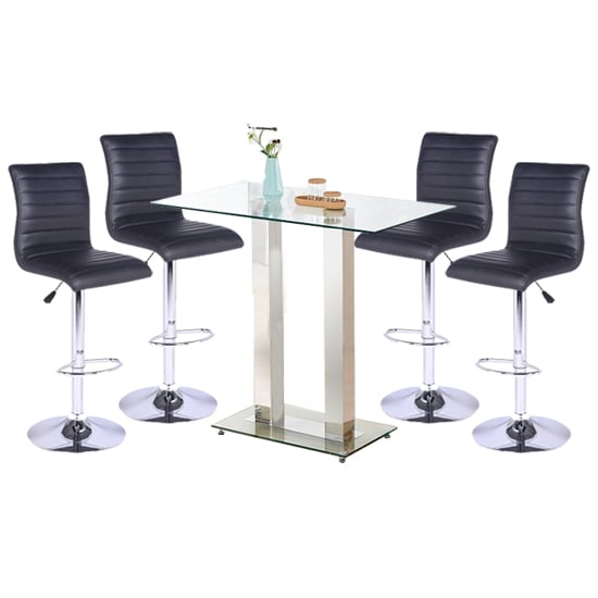 Photo of Jet clear glass top bar table with 4 ripple black stools