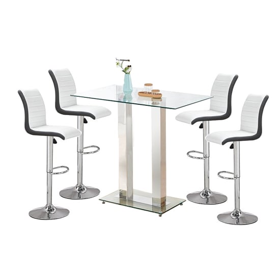 Read more about Jet clear glass top bar table with 4 ritz white black stools