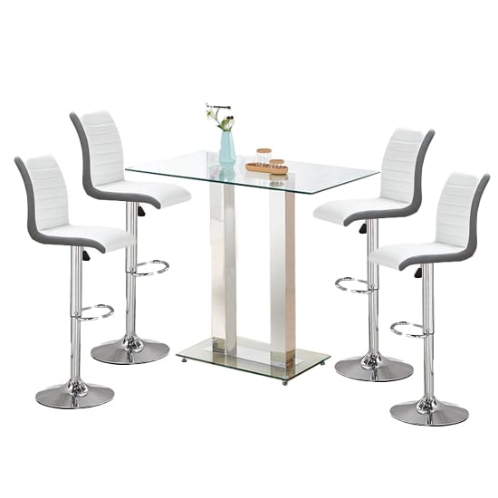 Product photograph of Jet Clear Glass Top Bar Table With 4 Ritz White Grey Stools from Furniture in Fashion
