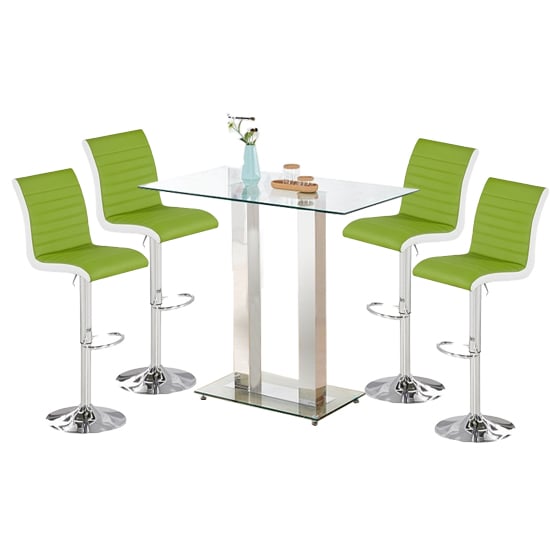 Product photograph of Jet Clear Glass Top Bar Table With 4 Ritz Green White Stools from Furniture in Fashion