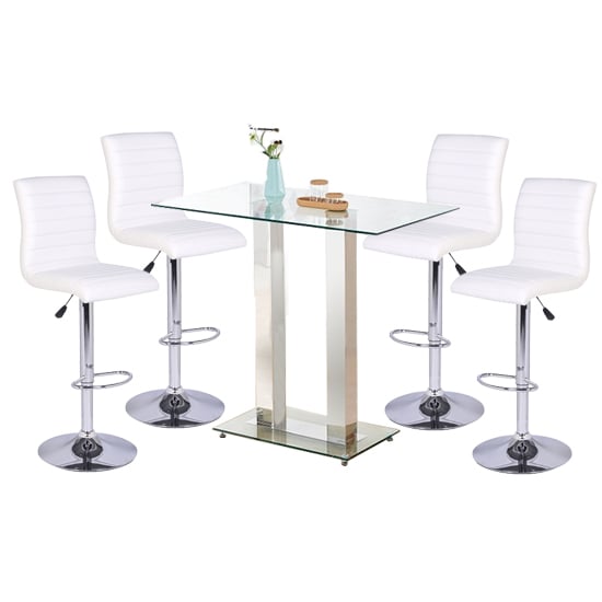 Product photograph of Jet Clear Glass Top Bar Table With 4 Ripple White Stools from Furniture in Fashion