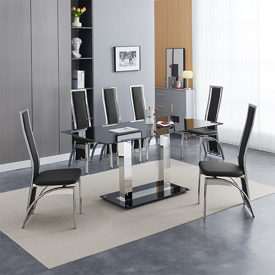 Jet Large Black Glass Dining Table With 6 Chicago Black Chairs
