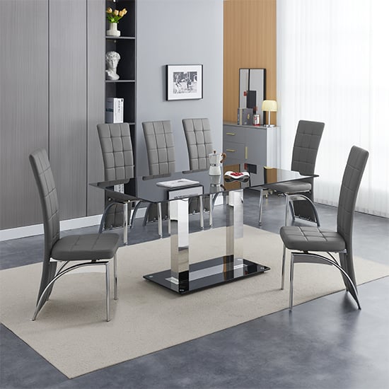 Product photograph of Jet Large Black Glass Dining Table With 6 Ravenna Grey Chairs from Furniture in Fashion