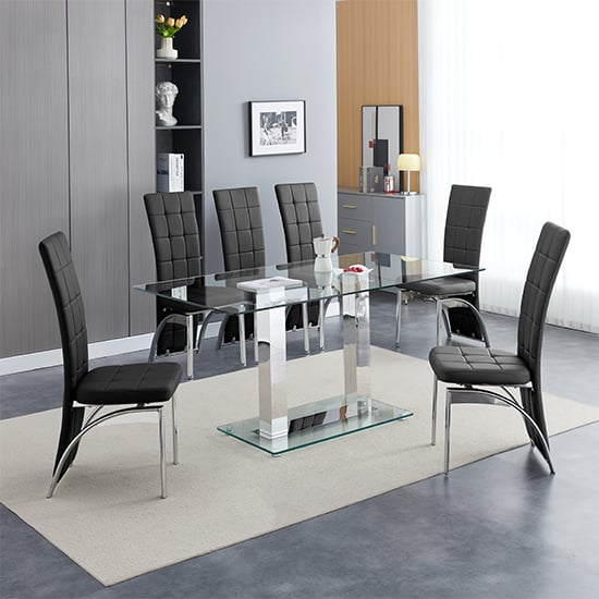 Jet Large Clear Glass Dining Table With 6 Ravenna Black Chairs