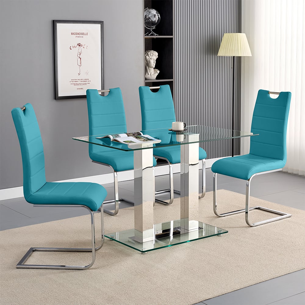 Product photograph of Jet Small Clear Glass Dining Table With 4 Petra Teal Chairs from Furniture in Fashion