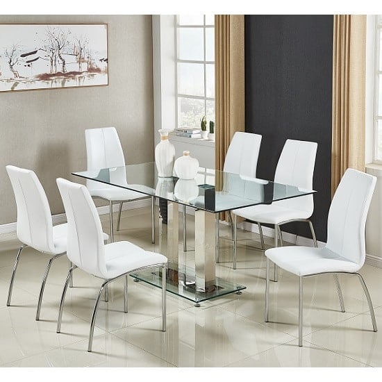Photo of Jet large glass dining table in clear and 6 opal white chairs