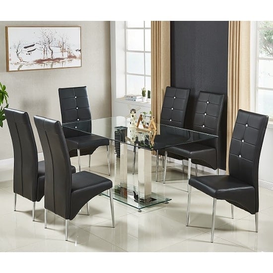 Product photograph of Jet Large Clear Glass Dining Table With 6 Vesta Black Chairs from Furniture in Fashion