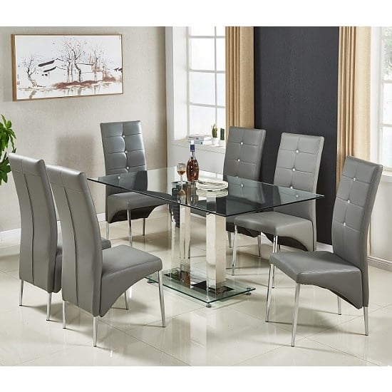 Product photograph of Jet Large Clear Glass Dining Table With 6 Vesta Grey Chairs from Furniture in Fashion