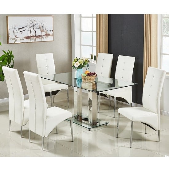 Product photograph of Jet Large Clear Glass Dining Table With 6 Vesta White Chairs from Furniture in Fashion