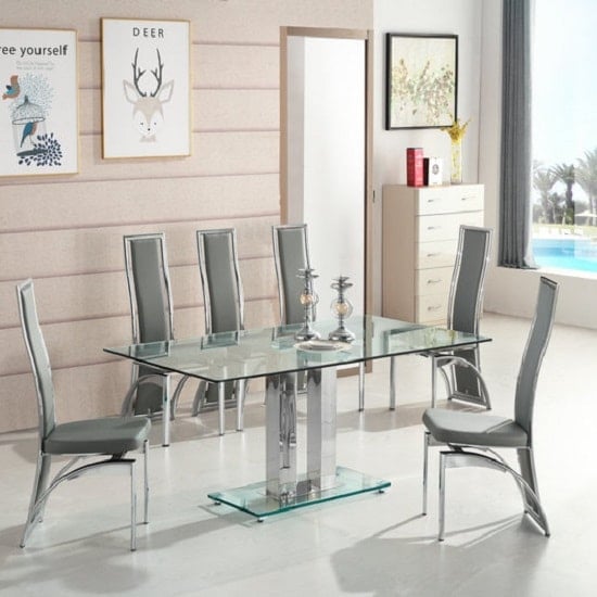 Product photograph of Jet Large Glass Dining Table In Clear With 6 Chicago Grey Chairs from Furniture in Fashion