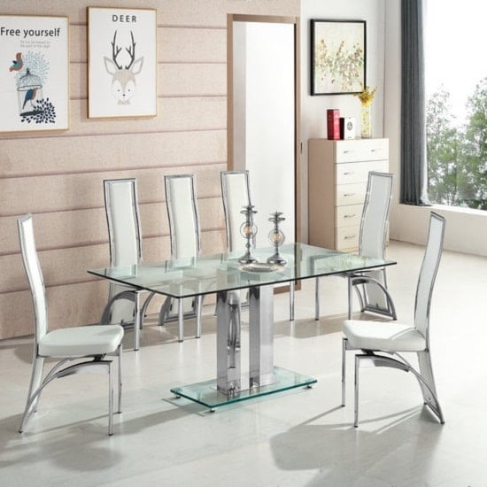 Product photograph of Jet Large Glass Dining Table In Clear And 6 Chicago White Chairs from Furniture in Fashion