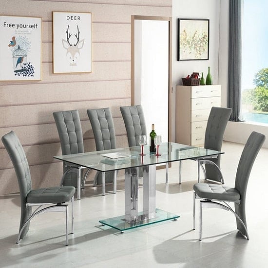 Product photograph of Jet Large Clear Glass Dining Table With 6 Ravenna Grey Chairs from Furniture in Fashion