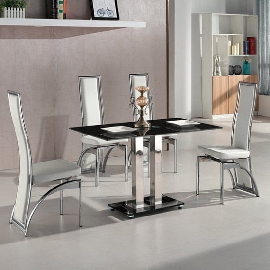 Jet Small Black Glass Dining Table With 4 Chicago White Chairs