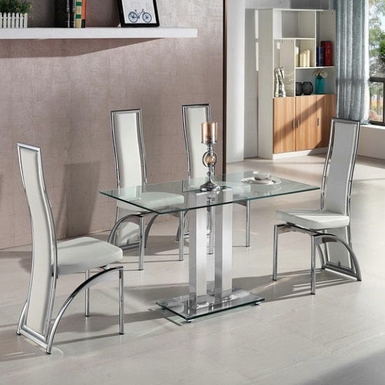 Read more about Jet small clear glass dining table with 4 chicago white chairs