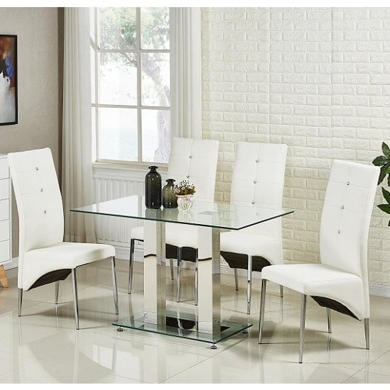 Product photograph of Jet Small Clear Glass Dining Table With 4 Vesta White Chairs from Furniture in Fashion
