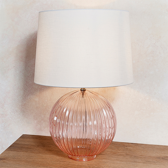 Photo of Jixi white linen shade table lamp with dusky pink ribbed base