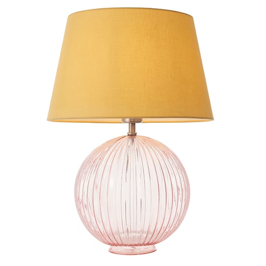 Read more about Jixi yellow cotton shade table lamp with dusky pink ribbed base