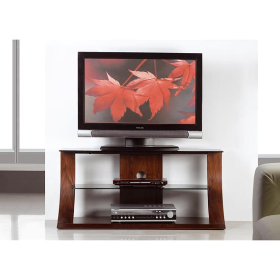 Product photograph of Curved Shape Plasma Tv Stand In Walnut With Black Glass from Furniture in Fashion