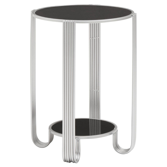 Photo of Julie round black glass top end table with silver metal base