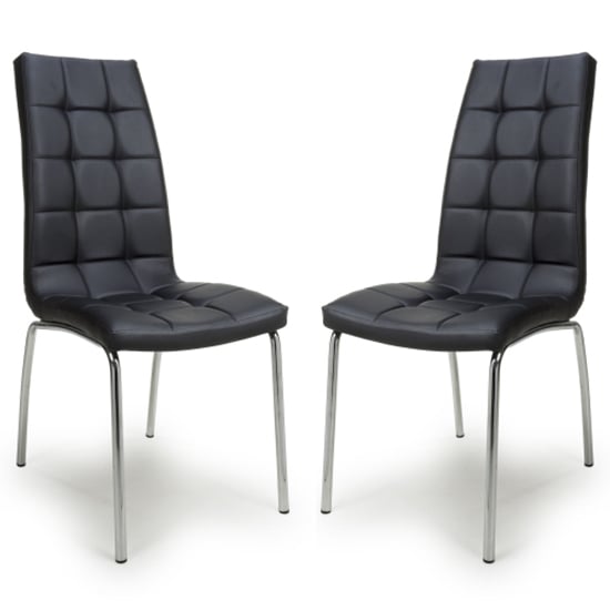 justin black faux leather dining chairs with chrome legs in pair