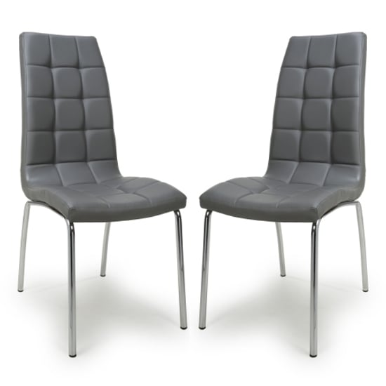 justin grey faux leather dining chairs with chrome legs in pair