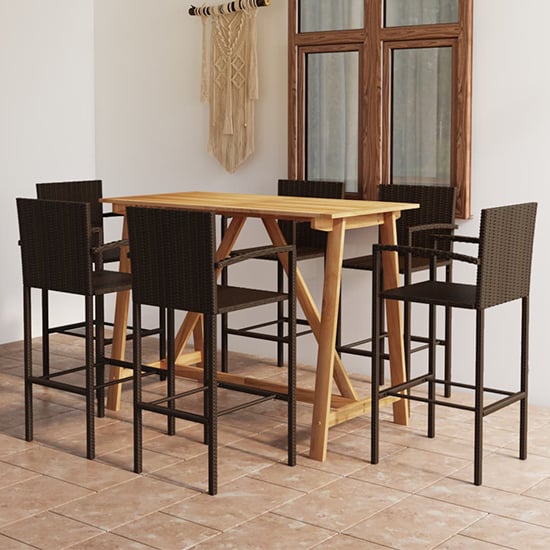 Photo of Kael outdoor wooden bar table with 6 brown poly rattan stools