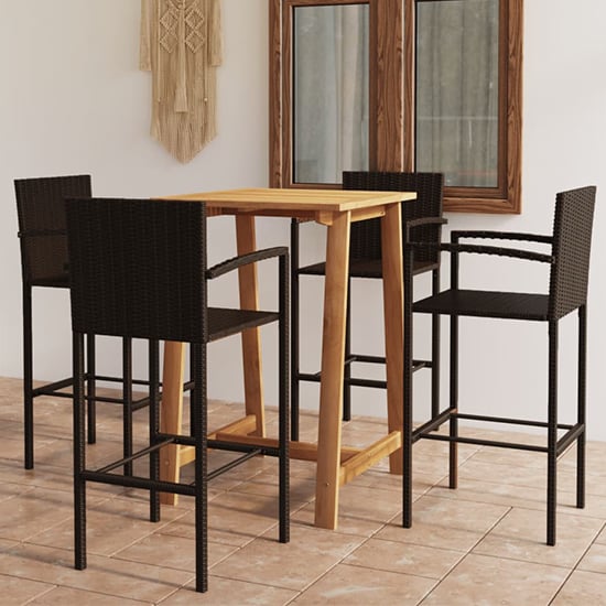 Photo of Kairi outdoor wooden bar table with 4 brown poly rattan stools