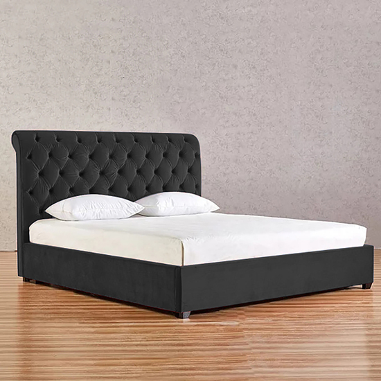 View Kalispell plush velvet super king size bed in black