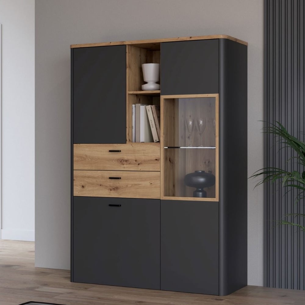 Product photograph of Kanata Wooden Display Cabinet With 3 Doors In Grey And Oak from Furniture in Fashion