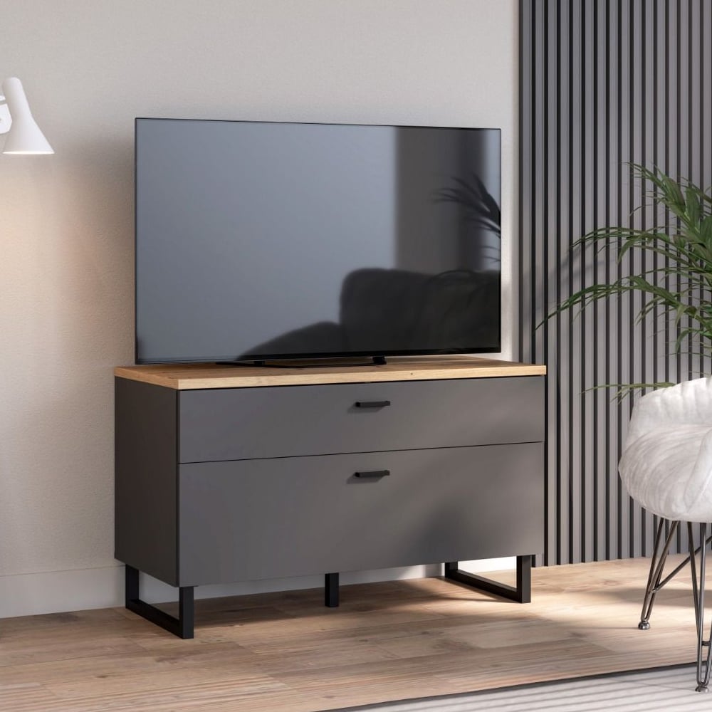 Read more about Kanata wooden tv stand with 1 flip door 1 drawer in grey and oak