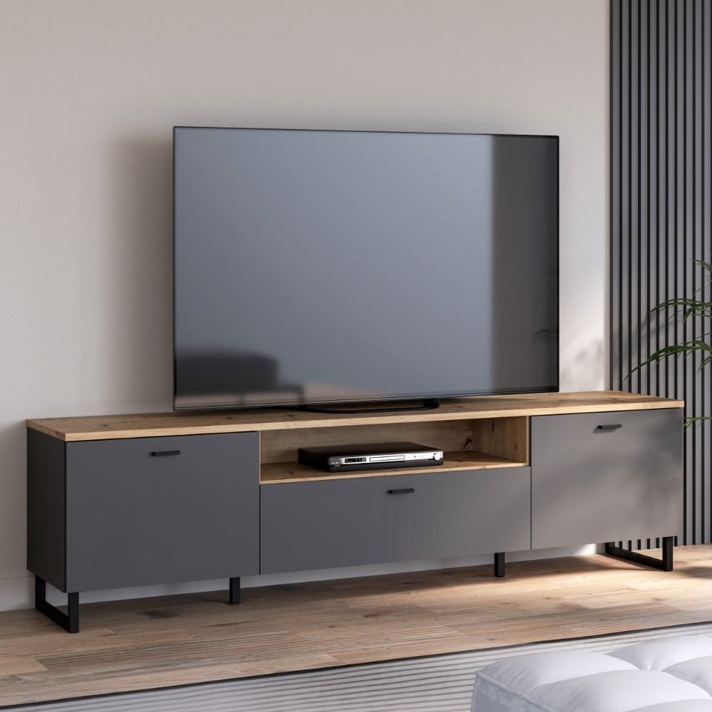 Read more about Kanata wooden tv stand with 3 doors in grey and oak