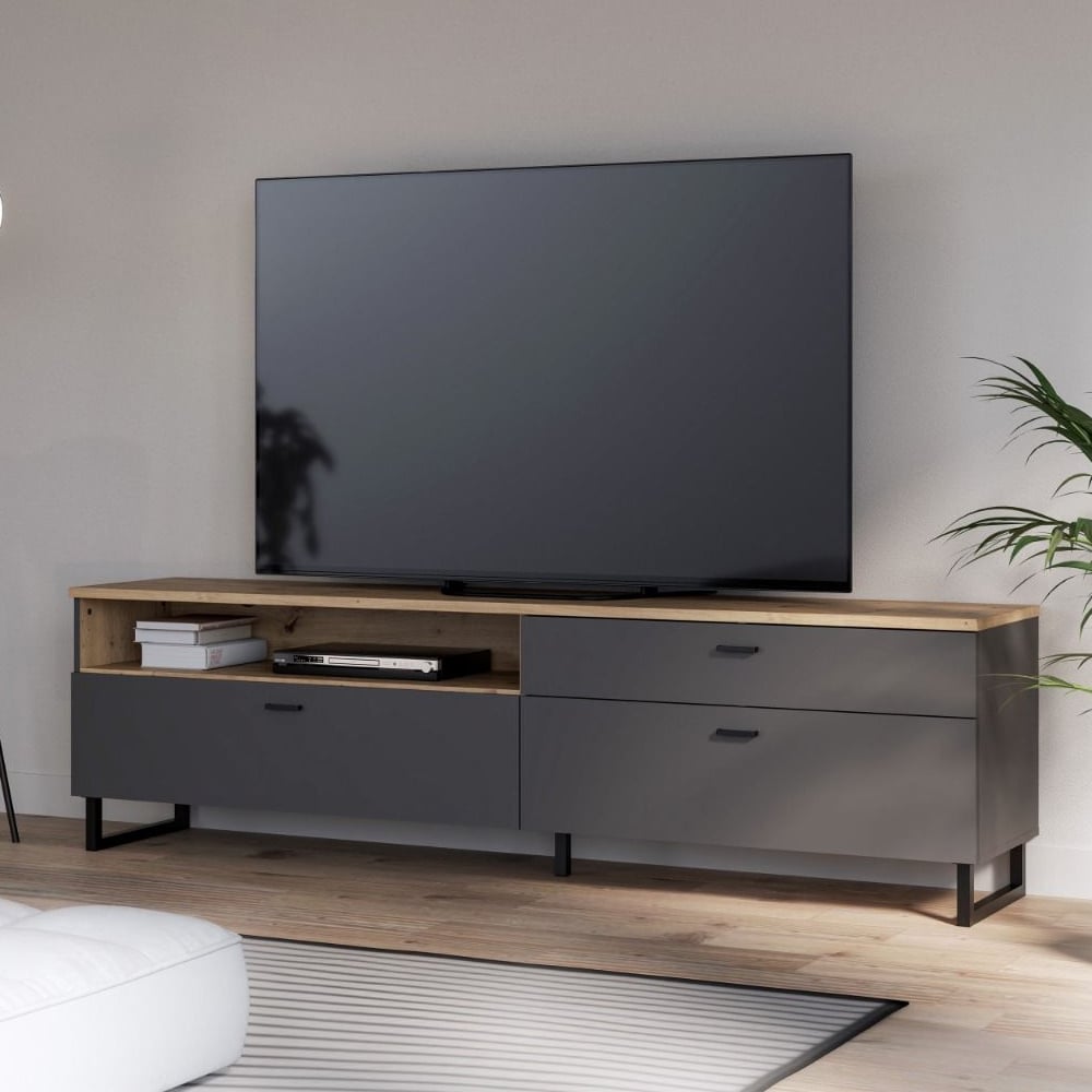 Read more about Kanata wooden tv stand with 2 flip doors 1 drawer in grey and oak