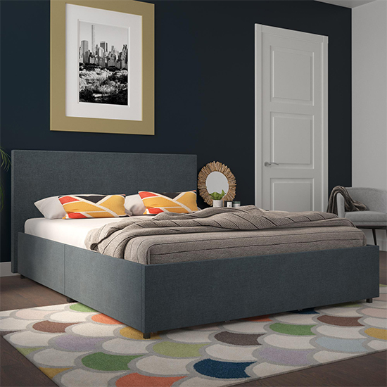 Product photograph of Karik Linen Fabric Double Bed With 4 Drawers In Navy from Furniture in Fashion