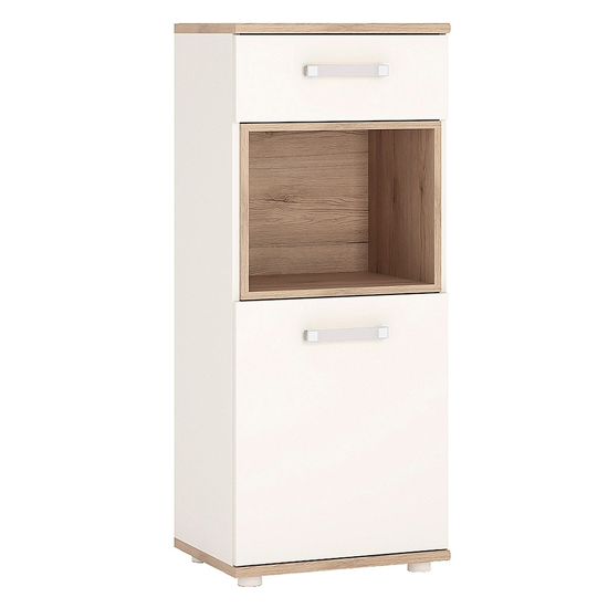 Photo of Kast wooden narrow storage cabinet in white high gloss and oak