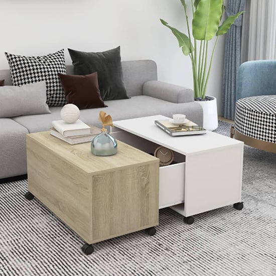 Read more about Katashi wooden coffee table with castors in white sonoma oak