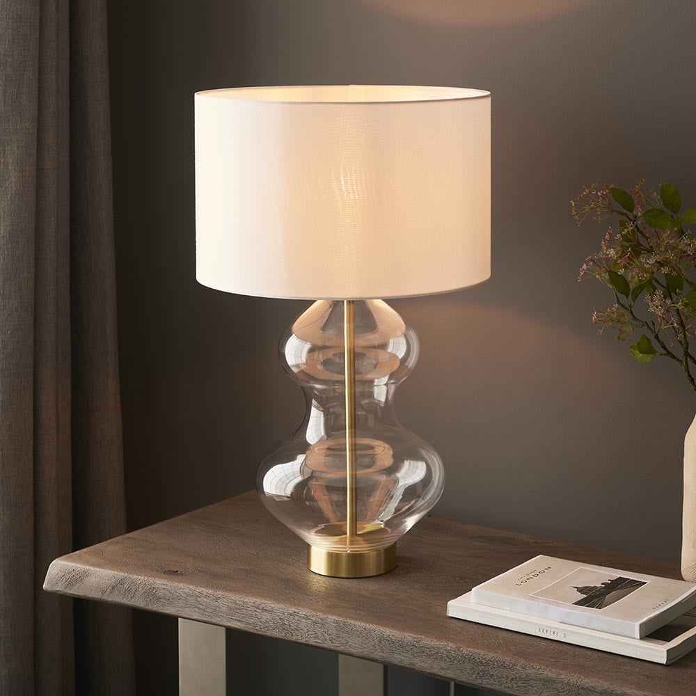 Product photograph of Katonah Clear Glass Table Lamp In White And Brass from Furniture in Fashion