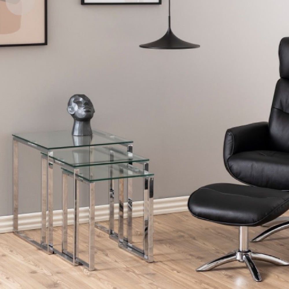 Product photograph of Keene Clear Glass Nest Of 3 Tables With Chrome Metal Frame from Furniture in Fashion