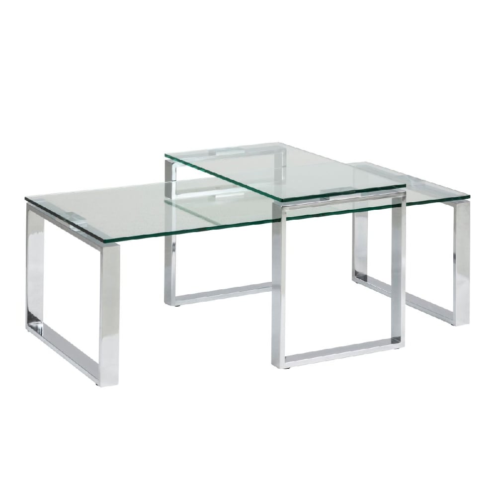 Product photograph of Keene Clear Glass Nesting Coffee Table With Chrome Metal Frame from Furniture in Fashion