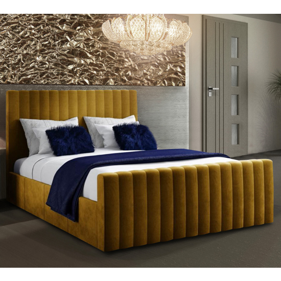 Photo of Kelowna plush velvet upholstered king size bed mustard